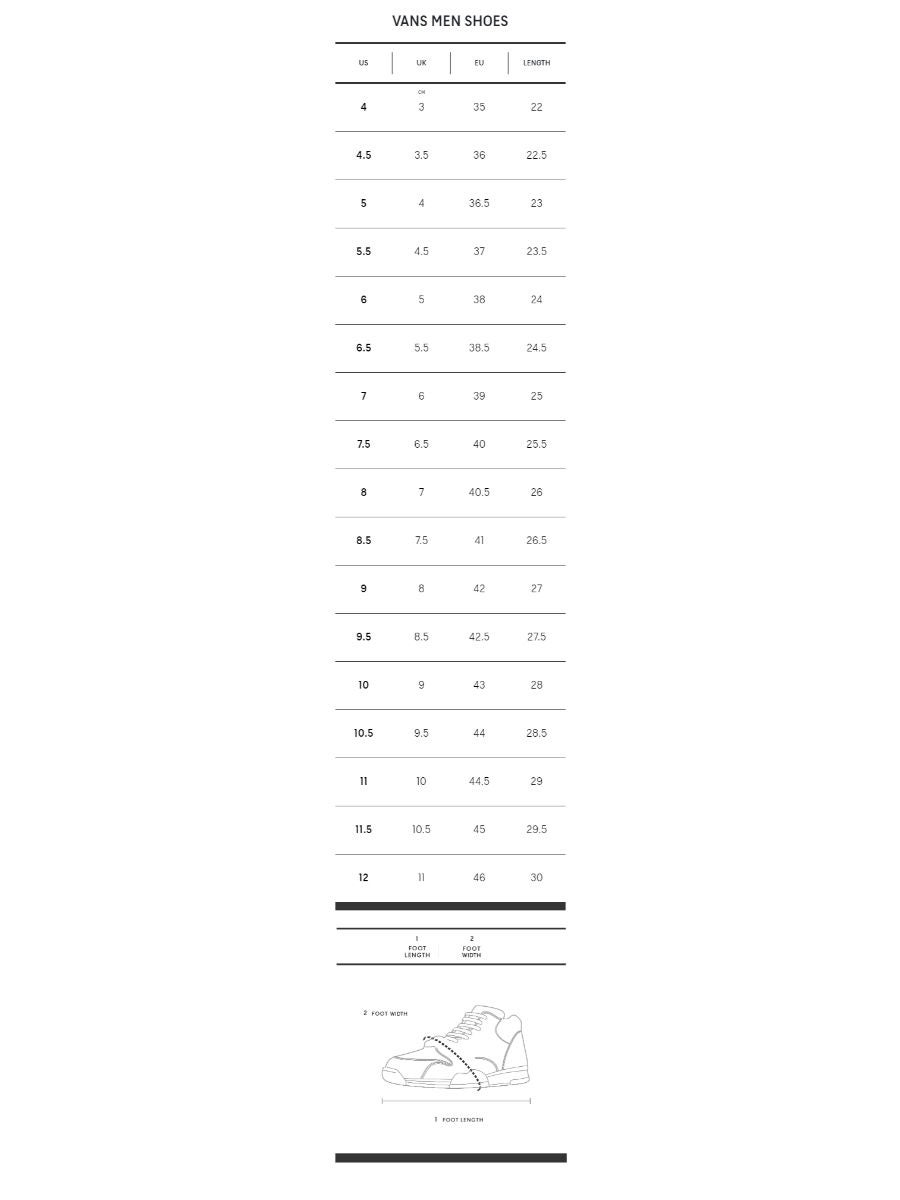 Unisex shoe size 2025 chart vans