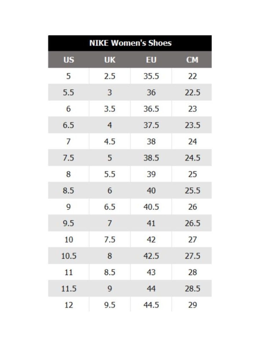 Nike running cheap size chart