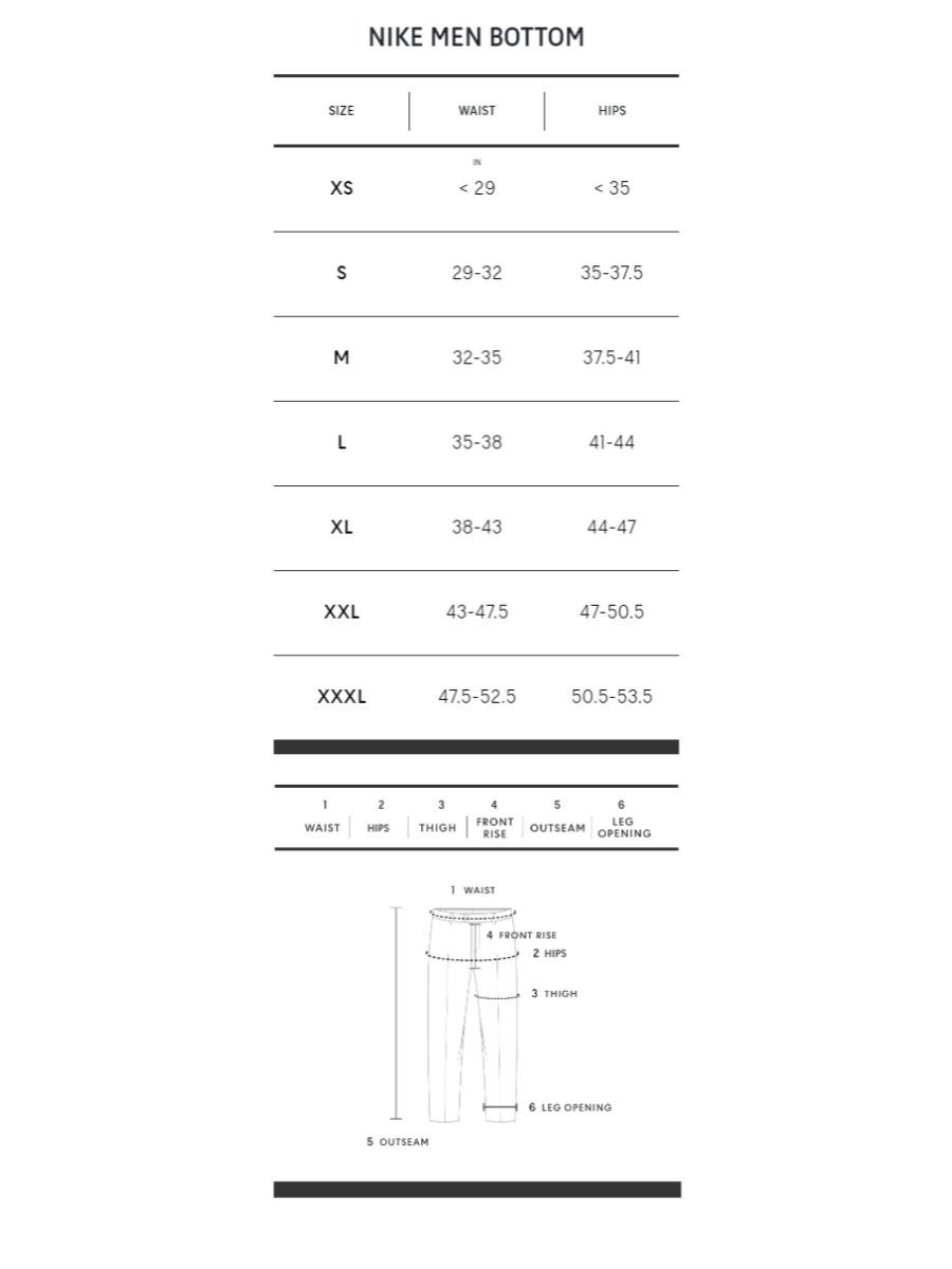 Dri fit clearance pants size chart