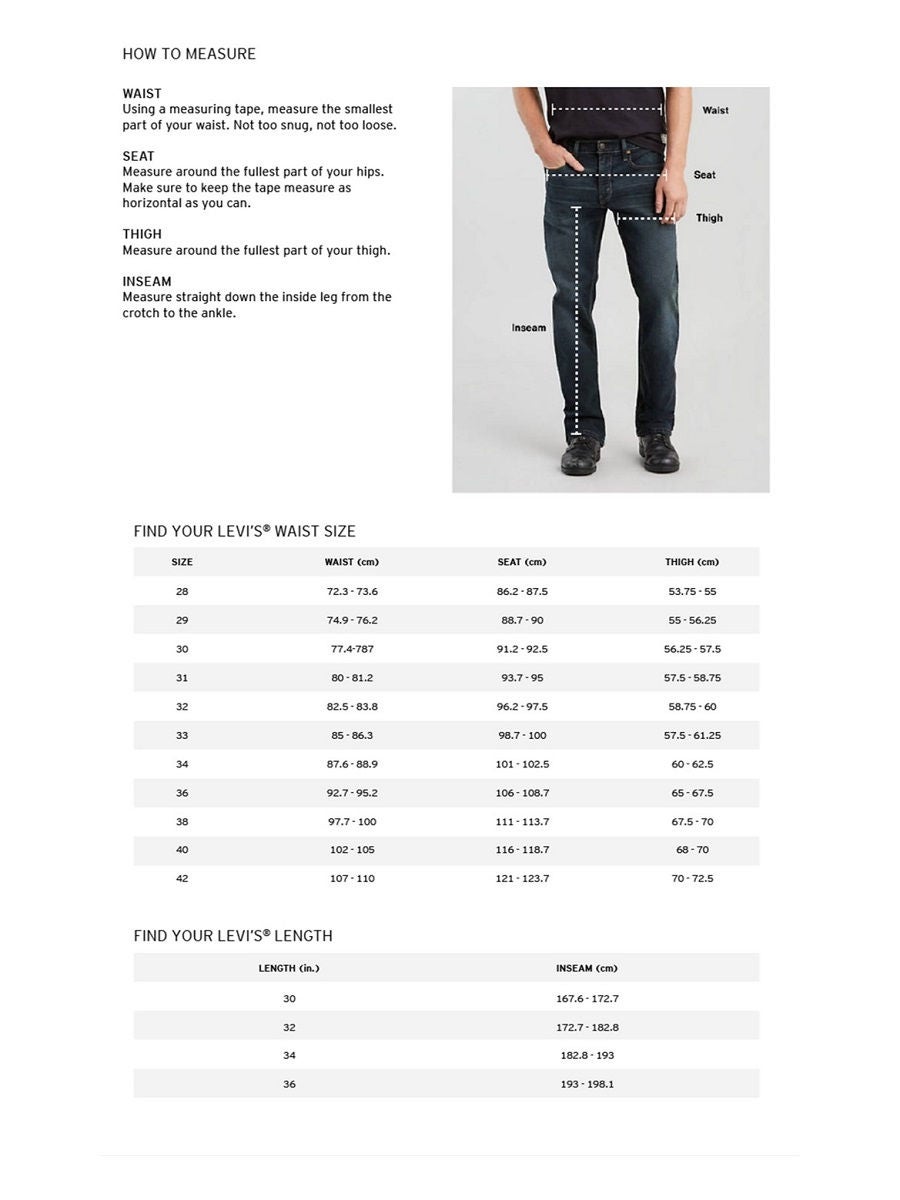 Levi mens deals pants size chart