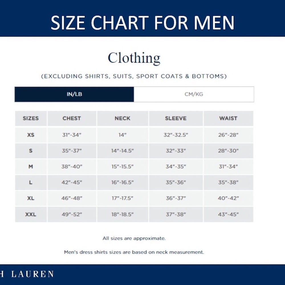 Polo ralph lauren 2025 jacket size chart