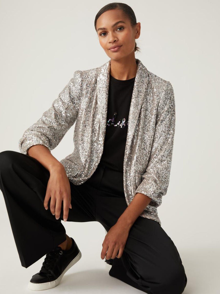 30.39% OFF on Marks & Spencer Women Blazer Relaxed Sequin Ruched Sleeve  Champagne