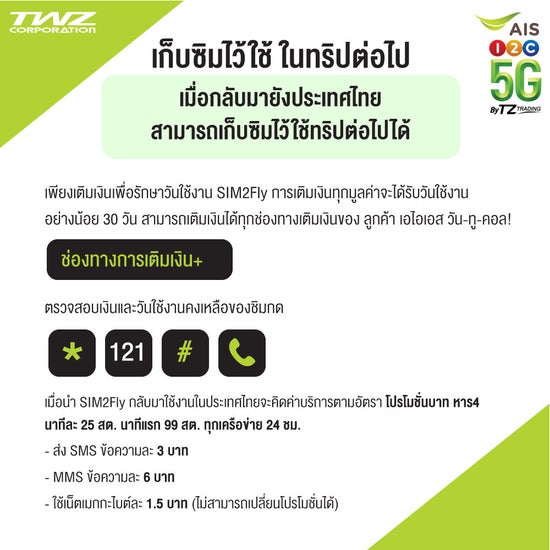 Ais Sim2Fly ซิมโรมมิ่ง Non-Stop เต็มสปีด 6Gb นาน 10 วัน สำหรับทวีปเอเชีย |  ของแท้ 100% | Central Online