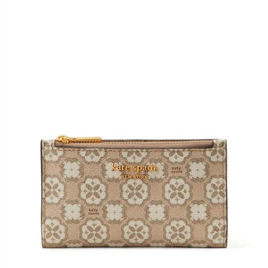 Kate Spade New York Spade Flower Monogram Coated Canvas Small Slim Bifold  Wallet Natural Multi One Size