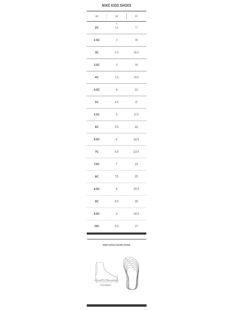 Nike toddler clearance sneaker size chart