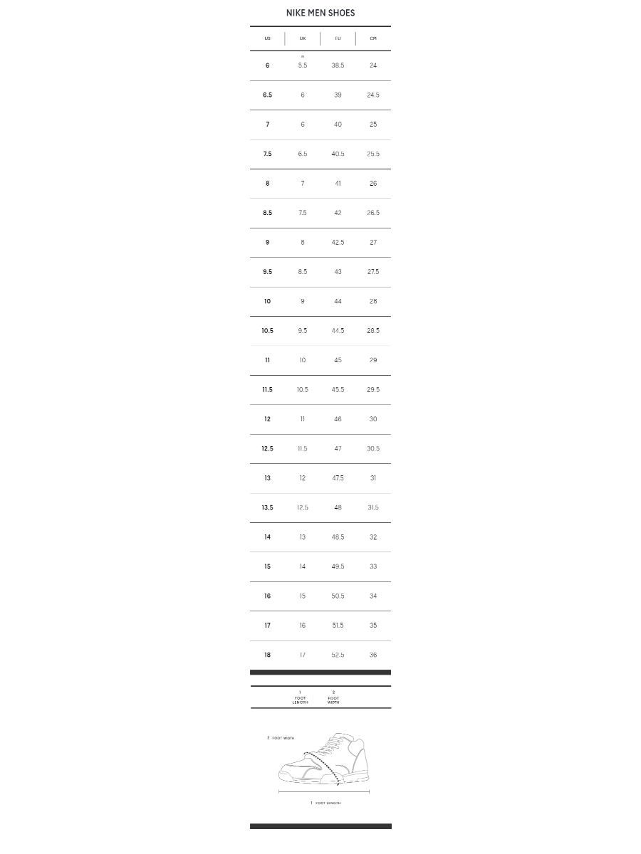 Nike men sale shoes chart