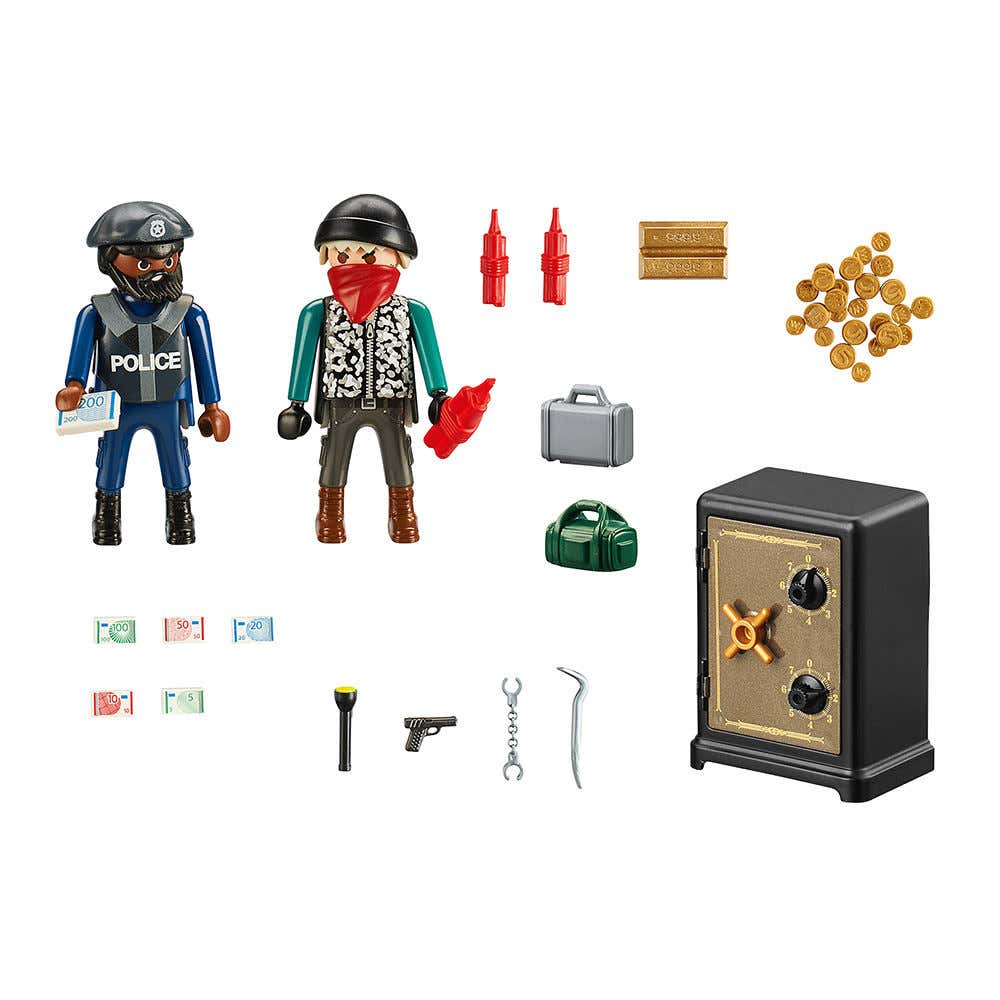 PLAYMOBIL POLICE and THIEF Action Figure Toy, Bank Bandit Robbers and Police  Woman Figurines With Accessories, Ideal for Kids Gift 