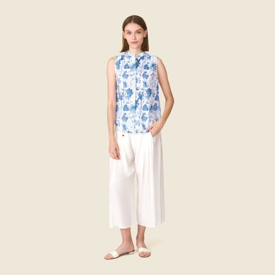 e-Tax, JIM THOMPSON Jim Thompson x Nakrob Moonmanas Linen Sleeveless  Mandarin Top - Blue