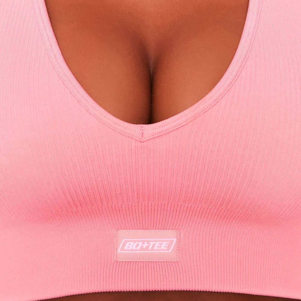 Bo+Tee Coral - Be The Best Ribbed Plunge Neck Sports Bra - Central