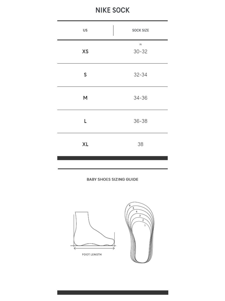 Nike unisex 2025 socks size chart