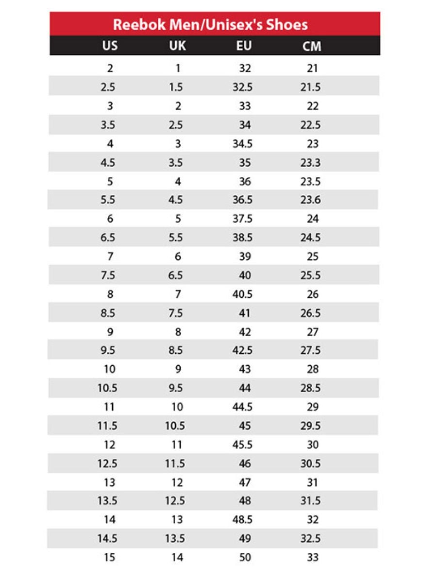 Reebok unisex store size chart