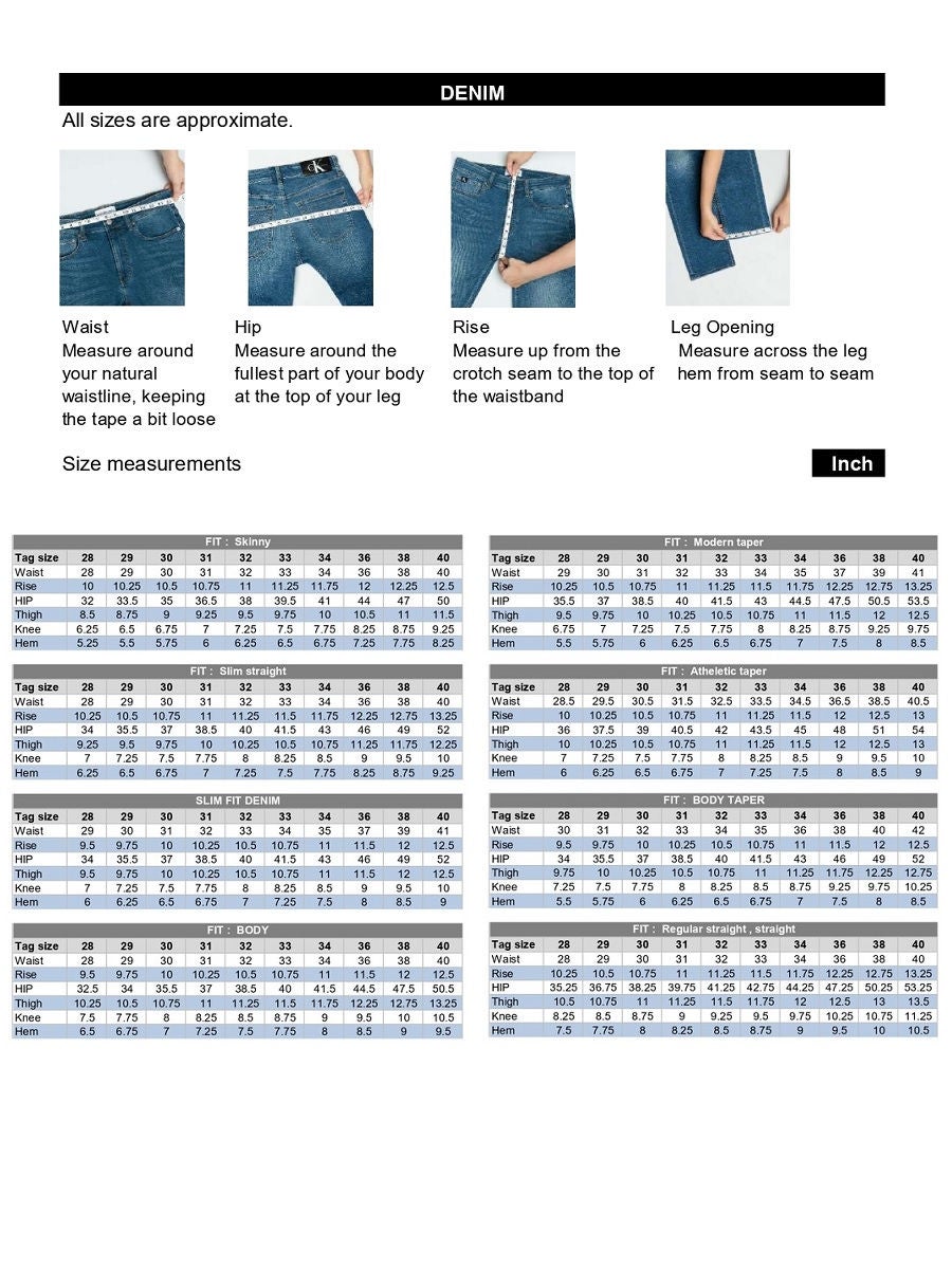 Calvin klein 2025 jeans sizing