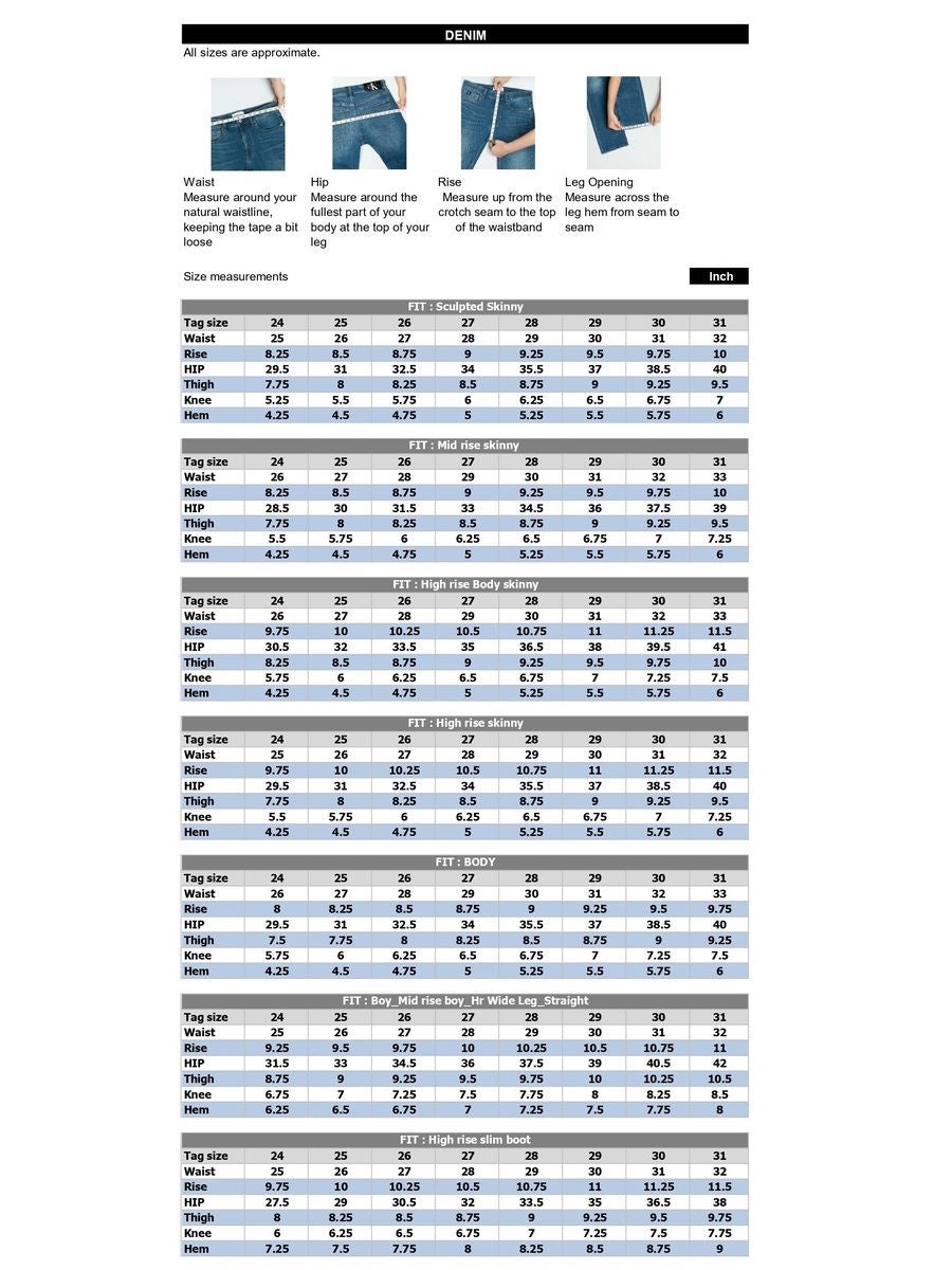 Calvin klein store jeans measurements